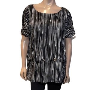 💠Calvin Klein Striped Tunic Top Short Split Slit Sleeve Flowy Scoop Neck…